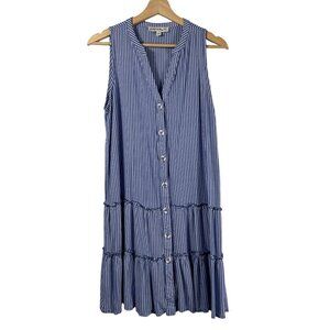 California Bay Co. Womens Pinstripe Tiered Ruffle Sleeveless Dress Blue Sz S